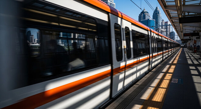 Modern commuter train with orange stripe on tracks at urban station platform