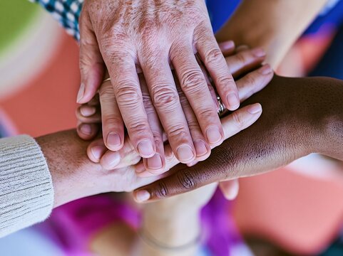 Diverse stacked hands of a business team joined in unity seen from above, symbolizing collaboration, support, and inclusive community for corporate success