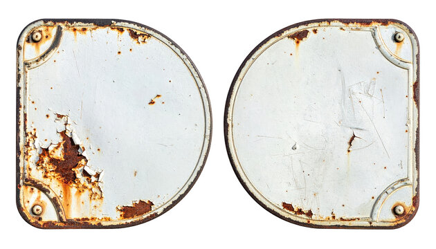 Two weathered metal signs, each with a rounded top and corners, show peeling paint and rust against a black background