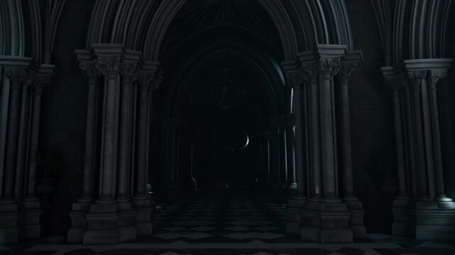 Person walking through dark haunted mansion corridor at night