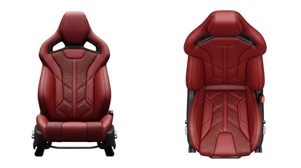 Fototapeta premium Luxury red leather racing car bucket seat with premium stitching and ergonomic support structure isolated on transparent background for automotive interior design and simulation gaming setup display.