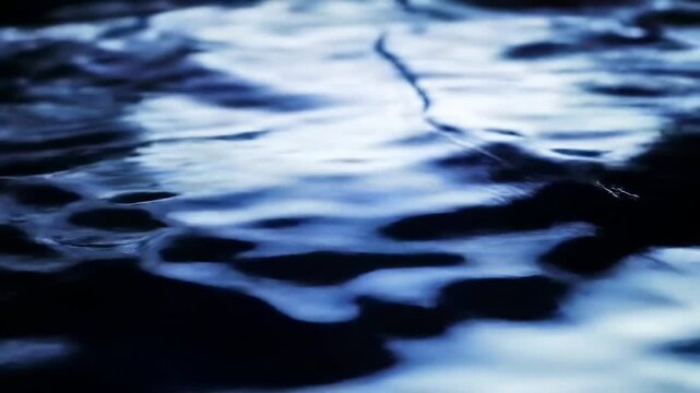 Close up of dark blue water surface with gentle ripples and reflections, abstract background for relaxation and fluid motion