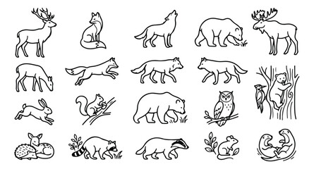 Fototapeta premium Minimalist forest animal line art icons, set of 20 woodland wildlife vector illustrations, black outline wild animal sketches for nature branding