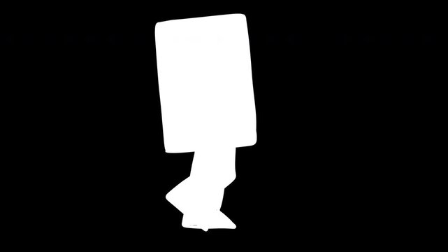 Seamless 2D vector animation of red vertical rectangle character walking. Loopable abstract red geometric column shape with legs on white. Motion element with alpha matte channel.