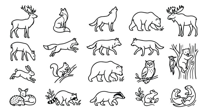 Minimalist forest animal line art icons, set of 20 woodland wildlife vector illustrations, black outline wild animal sketches for nature branding