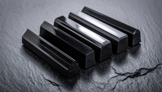 Precisely cut blocks of black obsidian with sharp highlights, laid out on a dark, textured surface.