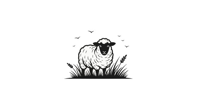 Black and white vector illustration of a sheep standing in a meadow with tall grass and wheat stalks, birds flying above, minimalist livestock silhouette on a white background.