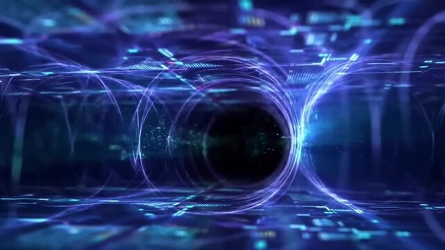 Abstract sci-fi warp corridor with circular energy lines and data flow