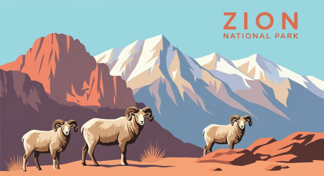 Vector illustration of bighorn sheep rams standing on rocky terrain in Zion National Park featuring red rock cliffs and snow-capped mountain peaks under a clear blue sky.