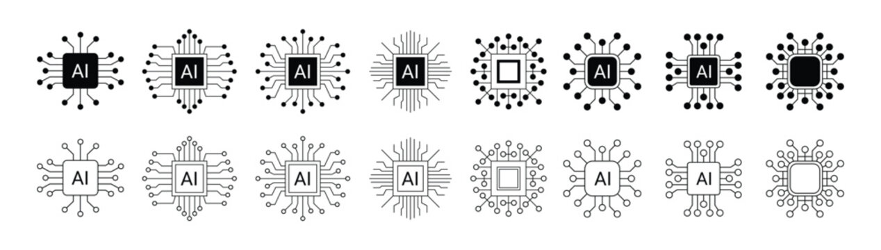 Artificial intelligence icon design emblem collection. AI Circuit chip digital smart mind network symbol vector illustration.