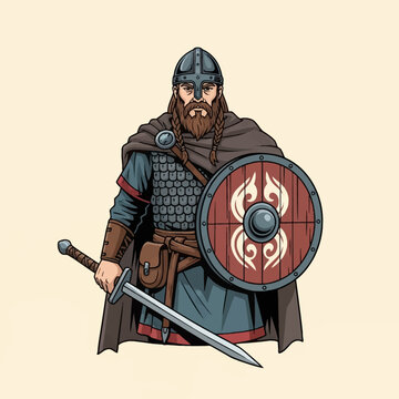 Viking warrior illustration wearing a metal helmet, chainmail, and brown cloak, holding a sword and round wooden shield with traditional patterns on a neutral cream background.