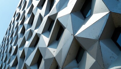 Naklejka premium Modern building facade features repeating geometric diamond shapes. Angular panels create textured, abstract pattern on exterior wall. Sunlight reflects off metallic surface, casting shadows.