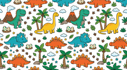 Fototapeta premium Charming seamless pattern of cute dinosaurs and prehistoric elements in a playful, hand-drawn style, perfect for children's decor and designs