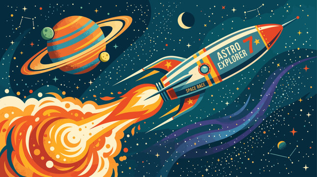 A rocket blasts off into the cosmos with planets and stars.