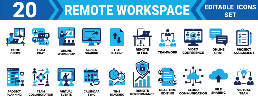 Remote workspace icon set collection 20 editable vector illustrations for digital communication project management