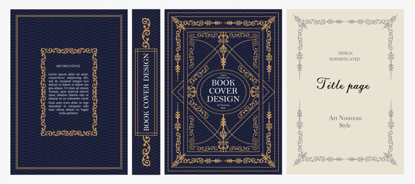 Classic vintage book cover, title page, spine design with Art Deco, Baroque, Art Nouveau and Victorian ornaments. Elegant decorative frame, retro style for publications, posters and artistic layouts.