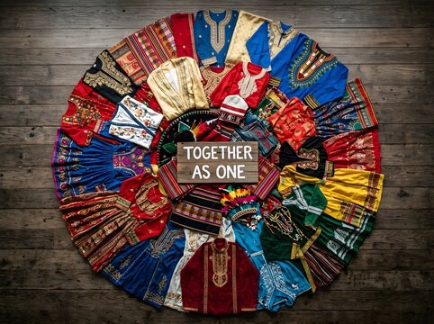 Bird's-eye view of diverse traditional cultural clothing and ethnic garments arranged in a circle on a wooden floor with a wooden sign that says Together As One in the center.