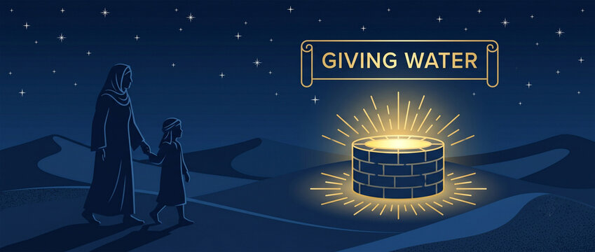 A minimalist, symbolic vector-style illustration of Hagar and Ishmael&rsquo;s silhouettes walking towards a glowing, golden well of water in the middle of a dark blue desert night under a sky full of stars.