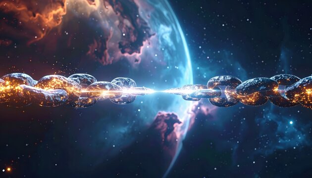 Quantum entangled particle pairs glow with synchronized energy across a vibrant cosmic nebula and distant planet