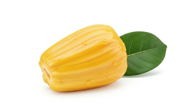 Single fresh yellow jackfruit bulb with water droplets and green leaf isolated on white background. Close-up of tropical fruit segment showing fleshy texture and bright color.