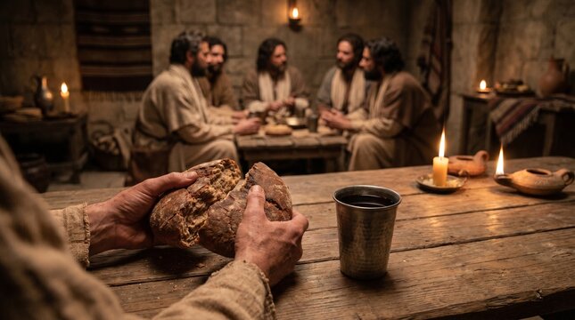 Jesus Christ breaking bread during the Last Supper with his disciples in a candlelit room, symbolizing the Holy Communion and Eucharist sacrament, biblical scene.