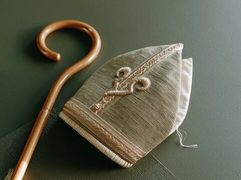Sage green embroidered bishop mitre and curved golden staff on a dark moss surface, featuring tactile fabric textures for Sinterklaas holiday themes