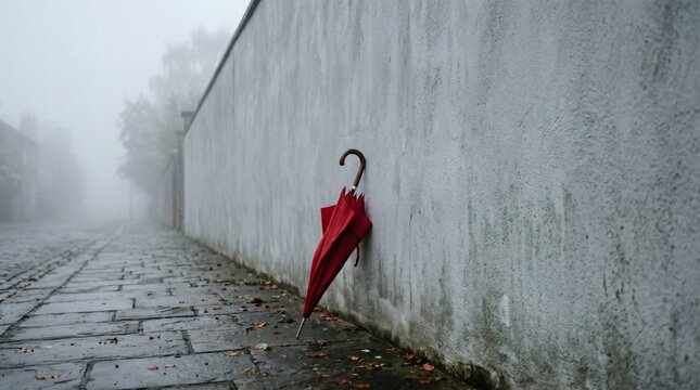 A red umbrella leaning on a wall on a rainy day.
