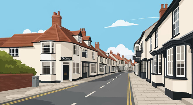 Vector illustration of a historic street in Cromer, featuring traditional white-walled buildings with red tile roofs, black window frames, storefronts, and paved sidewalks under a blue sky.