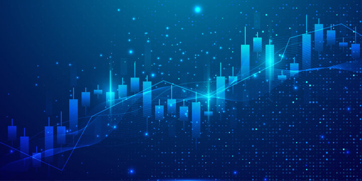 Abstract financial background with stock market candle chart and glowing digital data flow.
