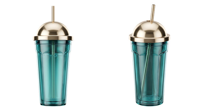 Two identical teal blue plastic tumblers with metallic gold lids and straws, modern portable beverage container, stylish travel mug, isolated on checkered background.