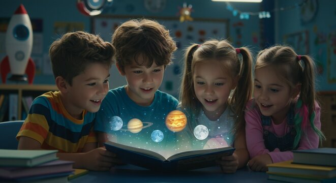 Children reading a book about space, planets and stars, imagination and learning