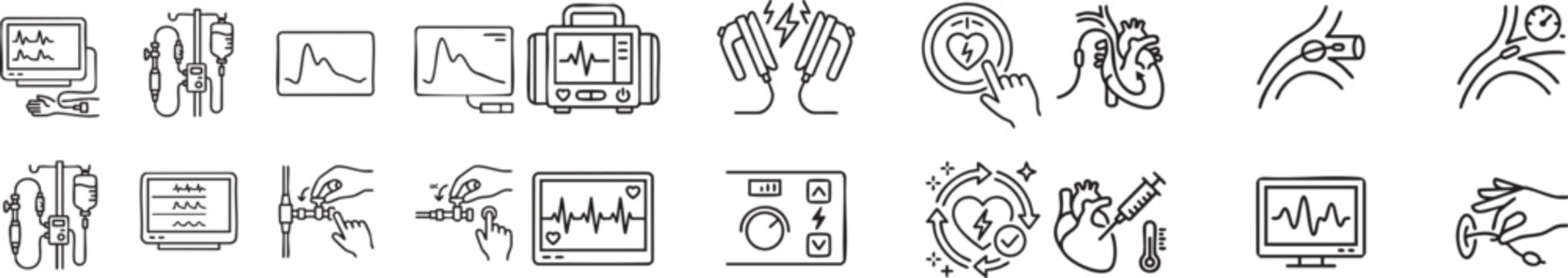 Cardiac surgery and artery catheterization icons illustrating medical procedures for heart health including injections and monitoring equipment graphic