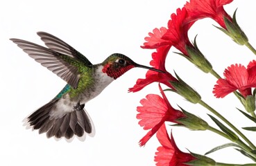 Obraz premium Ruby-throated Hummingbird Hovering and Feeding on Bright Red Flowers Isolated on White Background