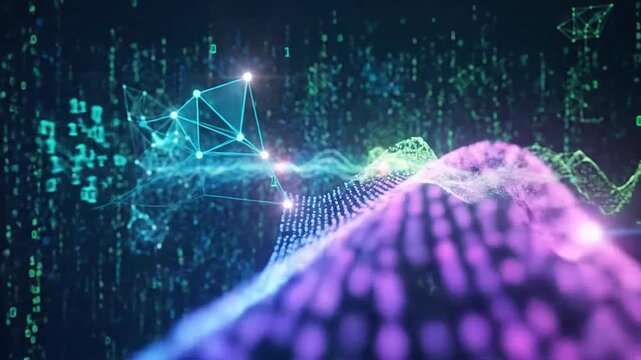 A digital landscape featuring glowing data points and binary code structures