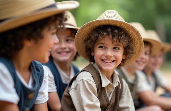 Group of young kids wearing straw hats and vintage clothes smile together. Children enjoy outdoor activity and friendship. Boys and girls learn history on educational trip.