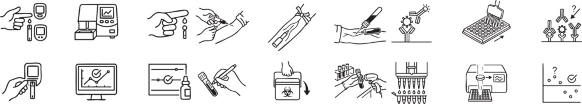 Medical diagnostic icons vector set showing blood tests glucose monitoring laboratory analysis procedures equipment and healthcare examination tools