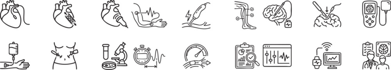 Fototapeta premium Medical research and health care line icons set. hospital treatment, diagnostics, and recovery symbols. neurology and cardiology concept