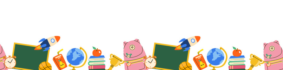 Fototapeta premium Cute Back to School supplies border, flat vector illustration. School stationery, book and apple, backpack, science background.