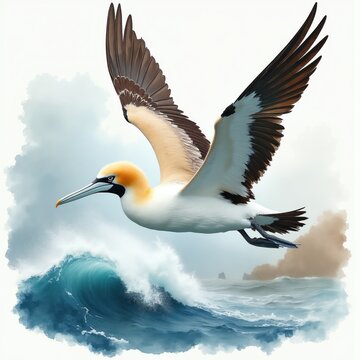 White and brown gannet bird flies over rough ocean waves. Seabird wings spread wide against cloudy sky. Bird hunts for fish in stormy sea, wild nature scene.