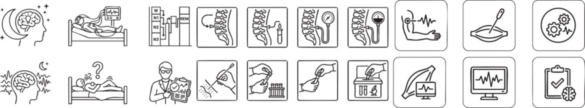 Neurology and brain health symbols illustrating diagnostics treatment and sleep analysis concepts medical research and neurological examination line art