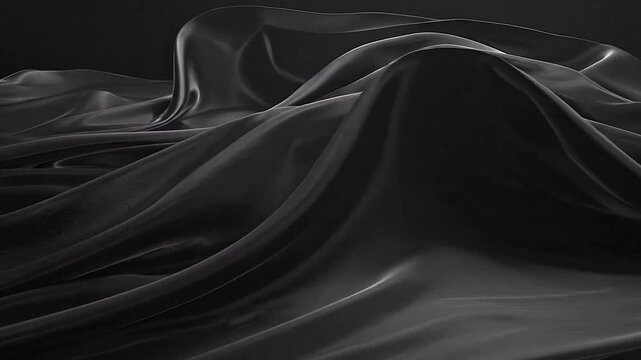 A close up view of elegant black silk fabric with soft flowing waves and folds