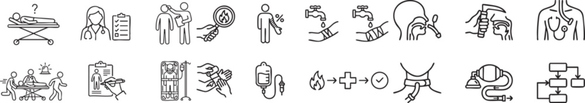 Emergency trauma care line icon set including wound treatment intubation first aid response fire safety medical procedure and hospital triage signs