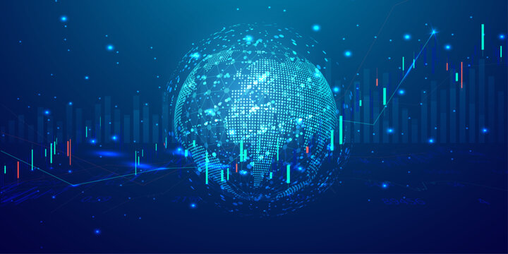 Abstract global business background with wireframe globe and dynamic financial candlestick charts on blue.