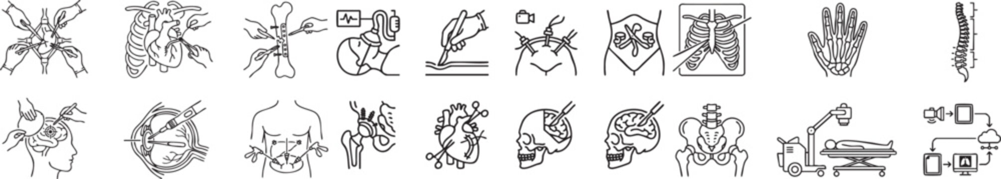 Medical operation vector icons with heart surgery brain mapping bone fixation and diagnostic imaging systems for hospital software and design projects