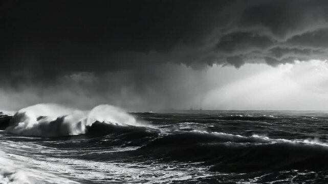 Dramatic black and white ocean scene with rough waves and a looming storm in the sky creating a powerful atmosphere