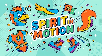 Naklejka premium Flat design colorful mascot costume pieces, text “Spirit in Motion”