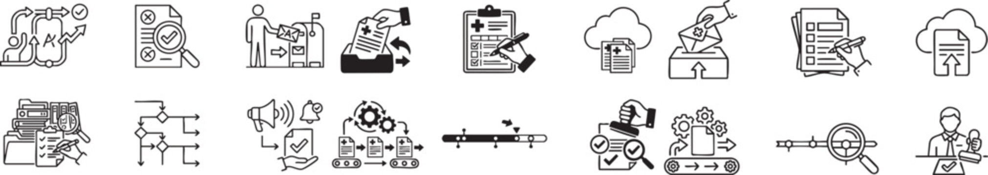 Set of medical process and management icons illustrating administrative tasks clinical documentation filing systems and diagnostic workflow optimization