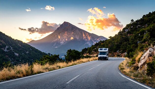 Road trip scenic view of mountain and motorhome against sunset sky