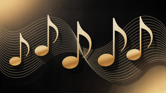 Gold music notes with flowing thin lines on a dark black background, rhythmic wave pattern with metallic gradient symbols