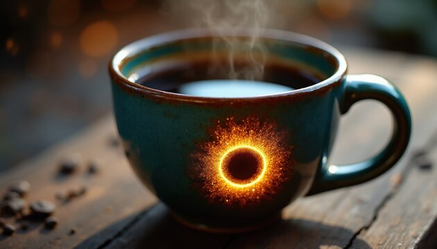 Steaming coffee cup glows with sun like energy on wood table. Dark beverage releases vapor near scattered beans. Mystical sunrise effect on mug side.